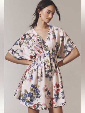 Anthropologie The Tobie Linen Pleated Mini Shirt Dress by Exquise NWT